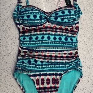Aqua and Red patterned one piece women’s swimwear